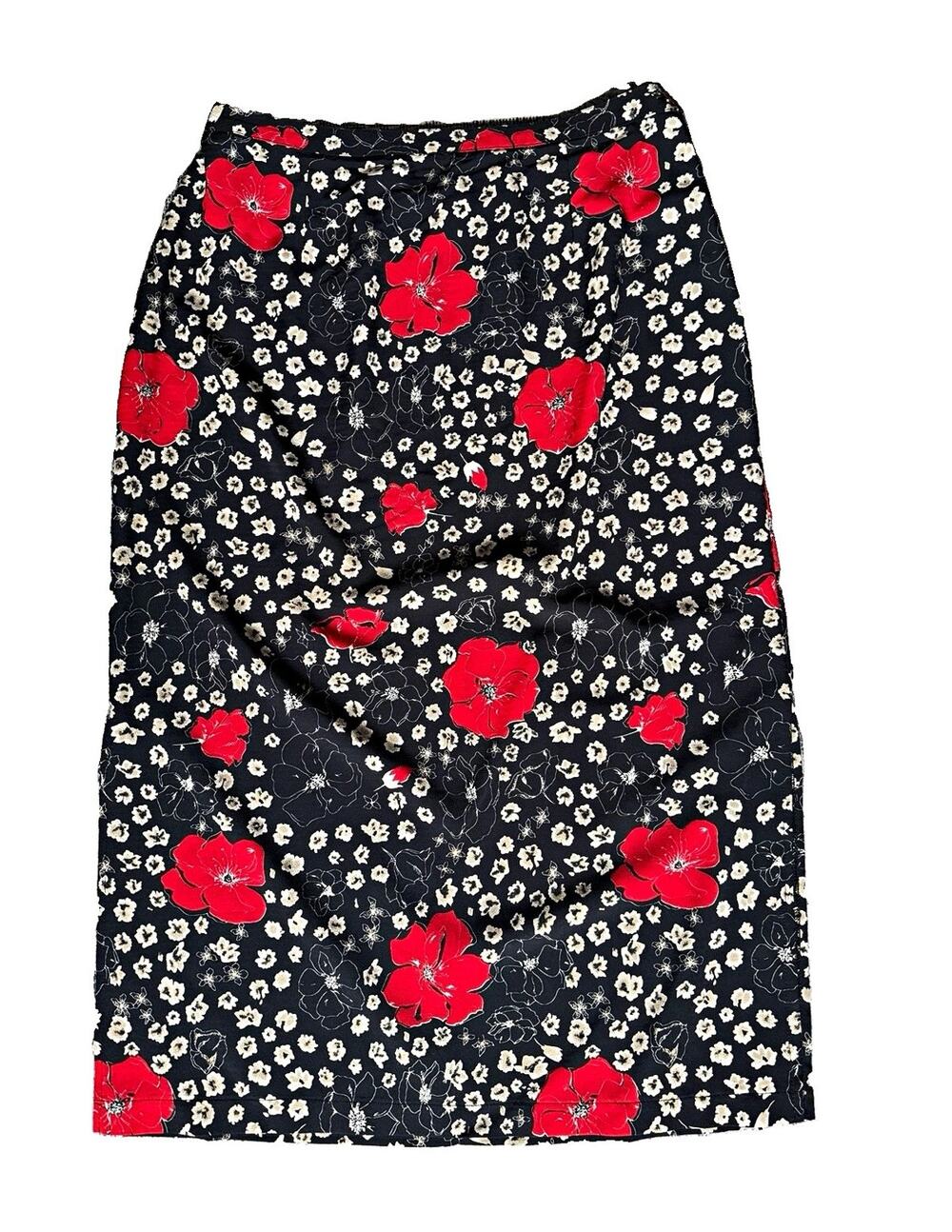 Vintage Briggs XL Black & Red Floral Maxi Skirt w/ Elastic Waist w/ Side Slits